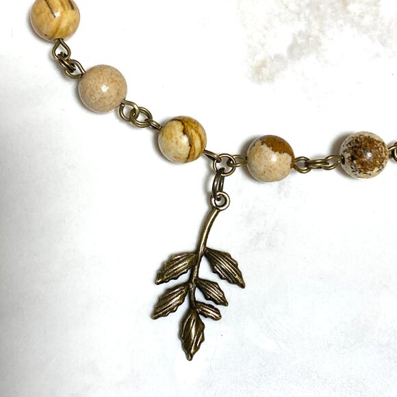 Genuine Yellow Picture Jasper Short Necklace, Bronze Leaf Branch Charm +Gemstone - Picture 5 of 15